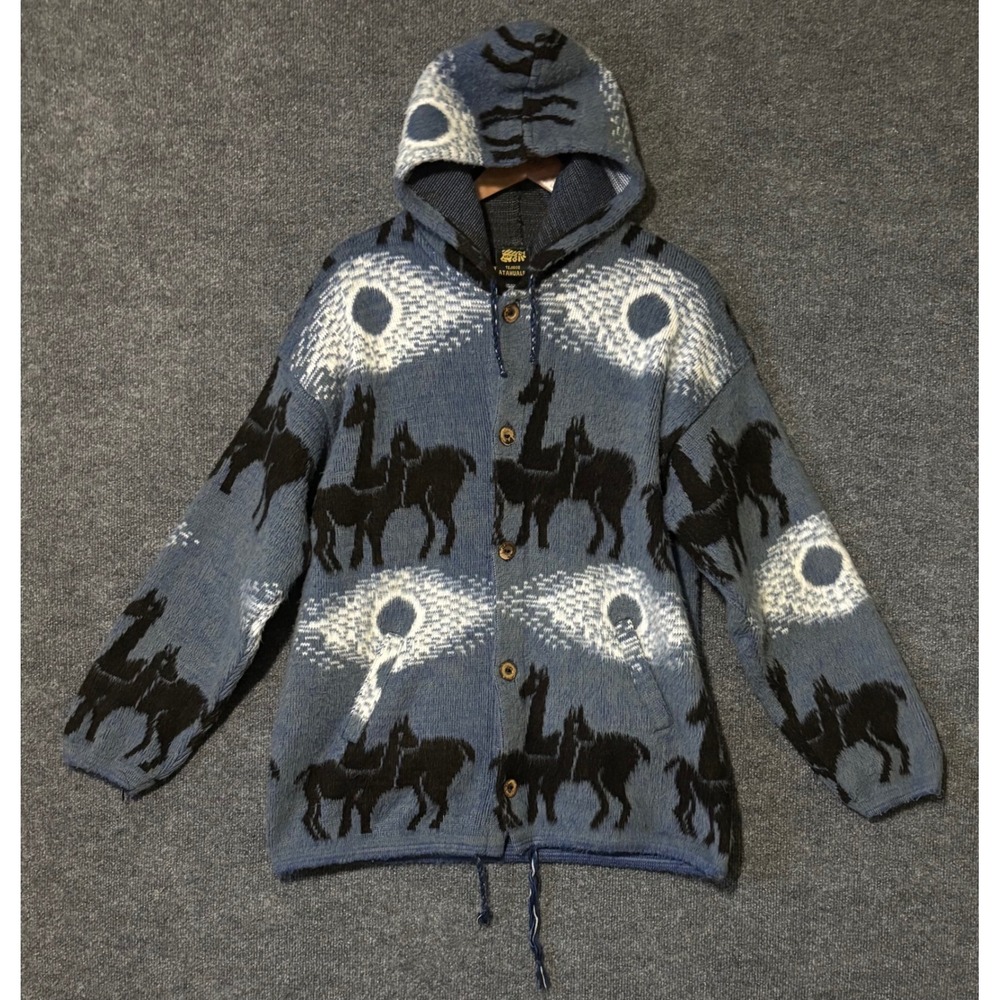 Tejidos Atahualpa Mens Large Hooded Cardigan Blue Llama Sun Intarsia‎ Wool